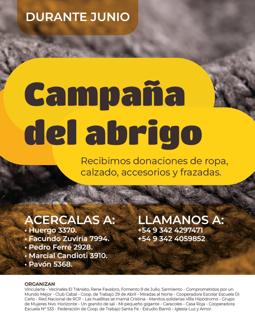 Club Cabal y la vecinal Sarmiento junto a  20 instituciones lanzaron una campaña de abrigo.